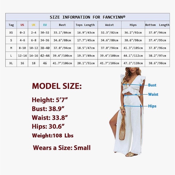 FANCYINN - XL - 2 PC WHITE DEEP V RUFFLE TRIM CROP TOP & SIDE SLIT WIDE LEG PANT - Picture 6 of 7
